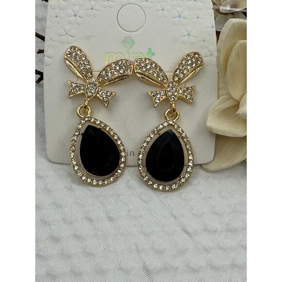 Gold Bow Drop Earrings with Black Teardrop Crystal and Rhinestone Accents - NEW - Picture 3 of 5